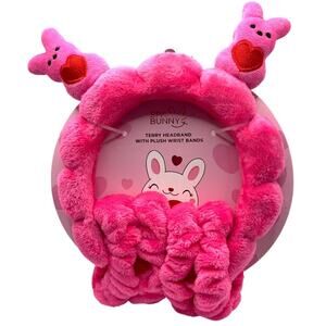 Kawaii Hot Pink Red Hearts Bunny Ears Faux Fur Headband Wrist Bands Dopamine